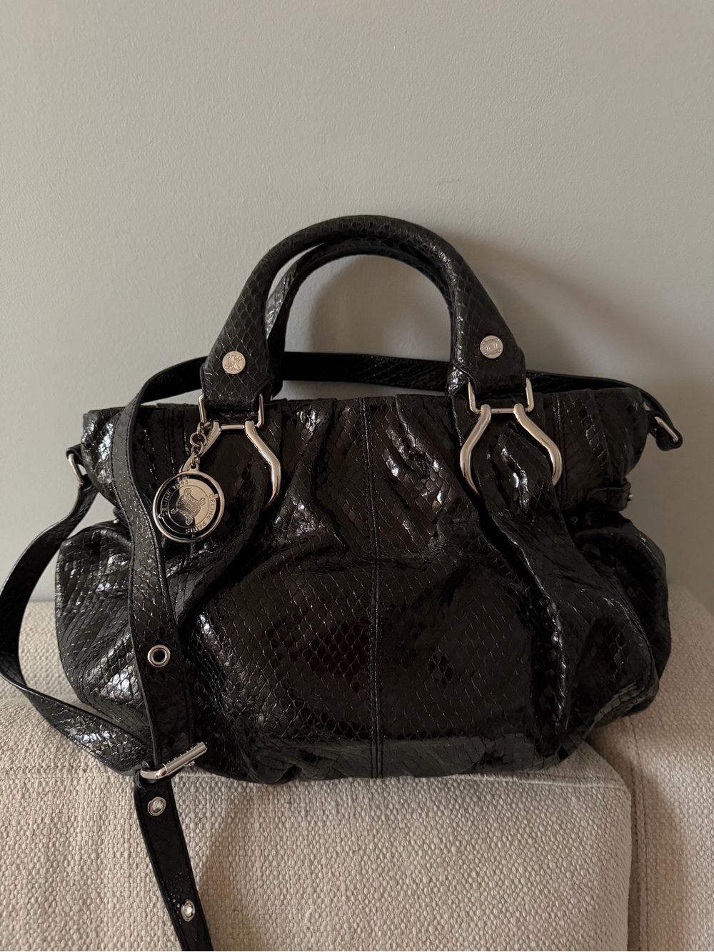 Celine Black Patent Snakeskin-Effect Shoulder Bag